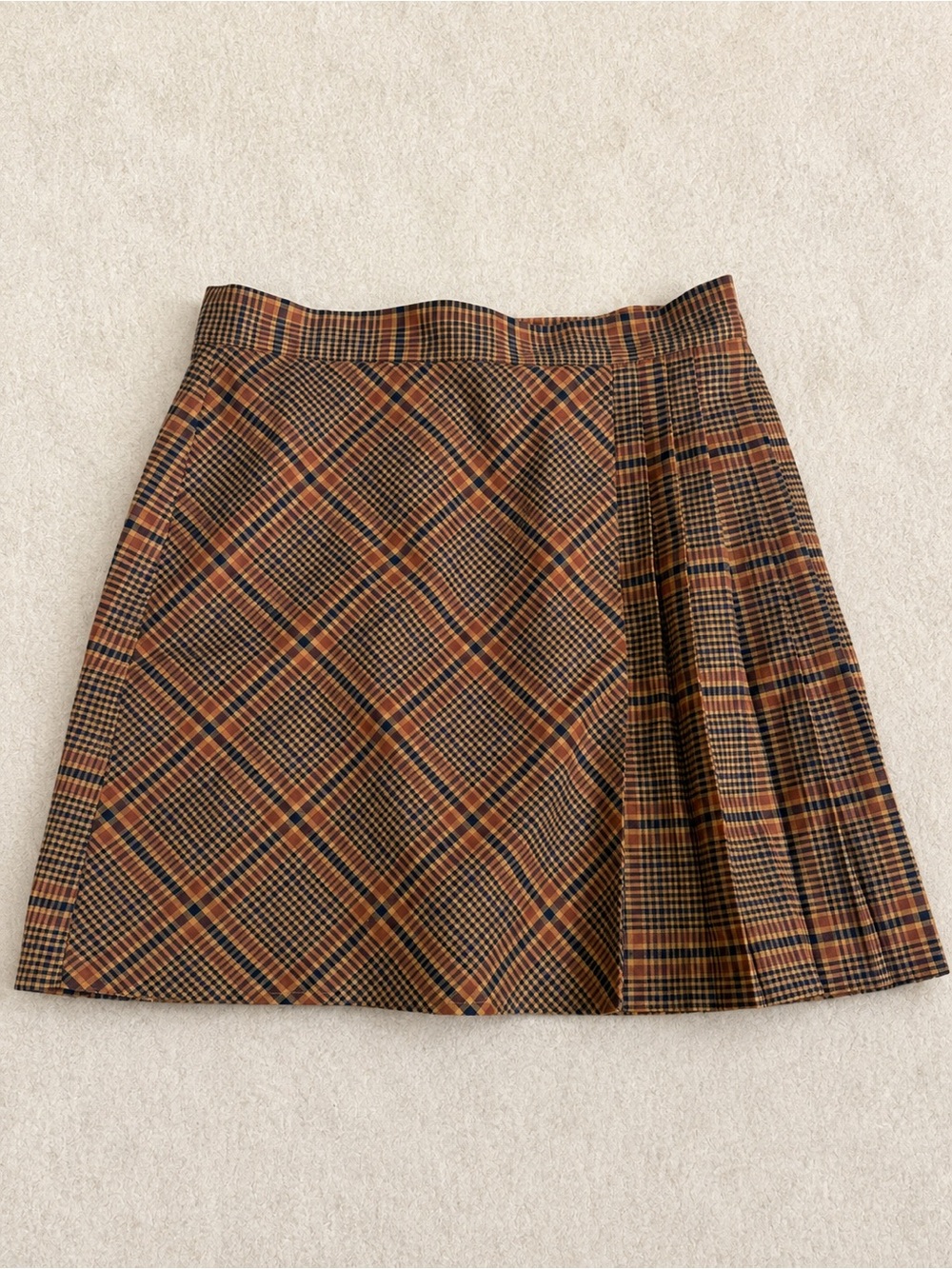 French Connection Plaid Pleated Mini Skirt Size 6 Brown Navy Preppy Academia